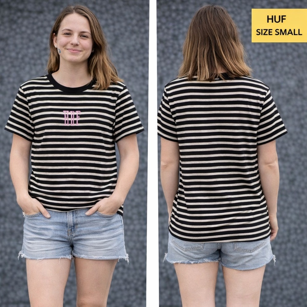 HUF Striped Black and White T-Shirt SMALL